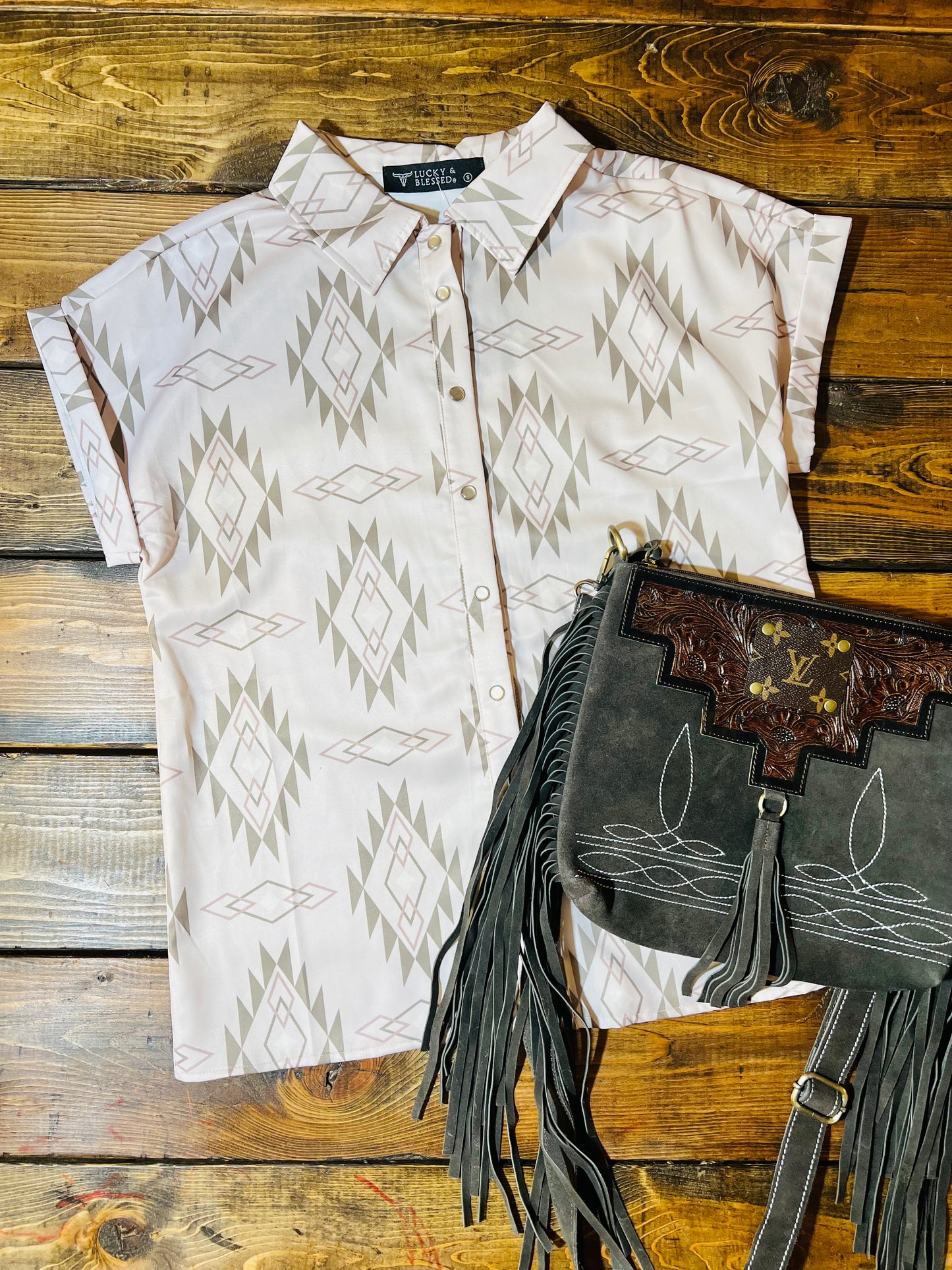 Light Pink Aztec Short Sleeve Collared Blouse