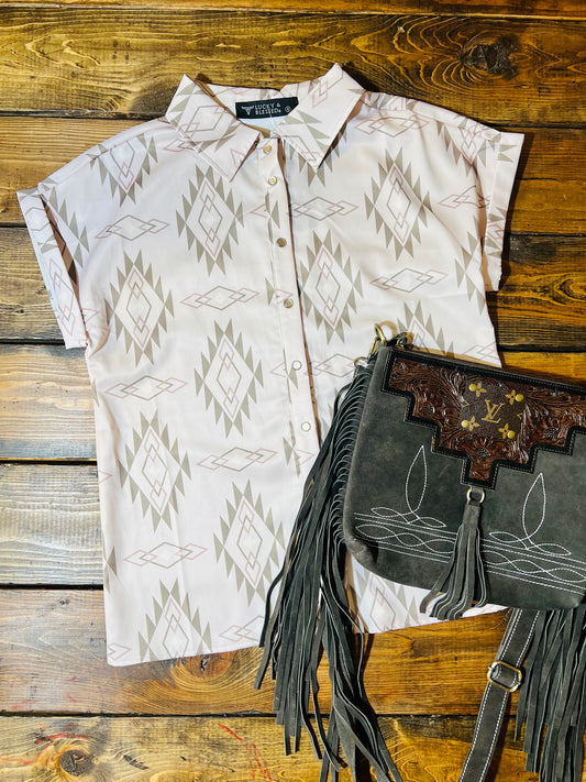 Light Pink Aztec Short Sleeve Collared Blouse