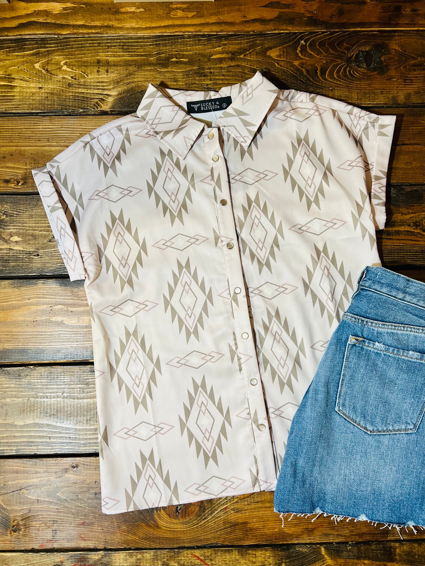 Light Pink Aztec Short Sleeve Collared Blouse