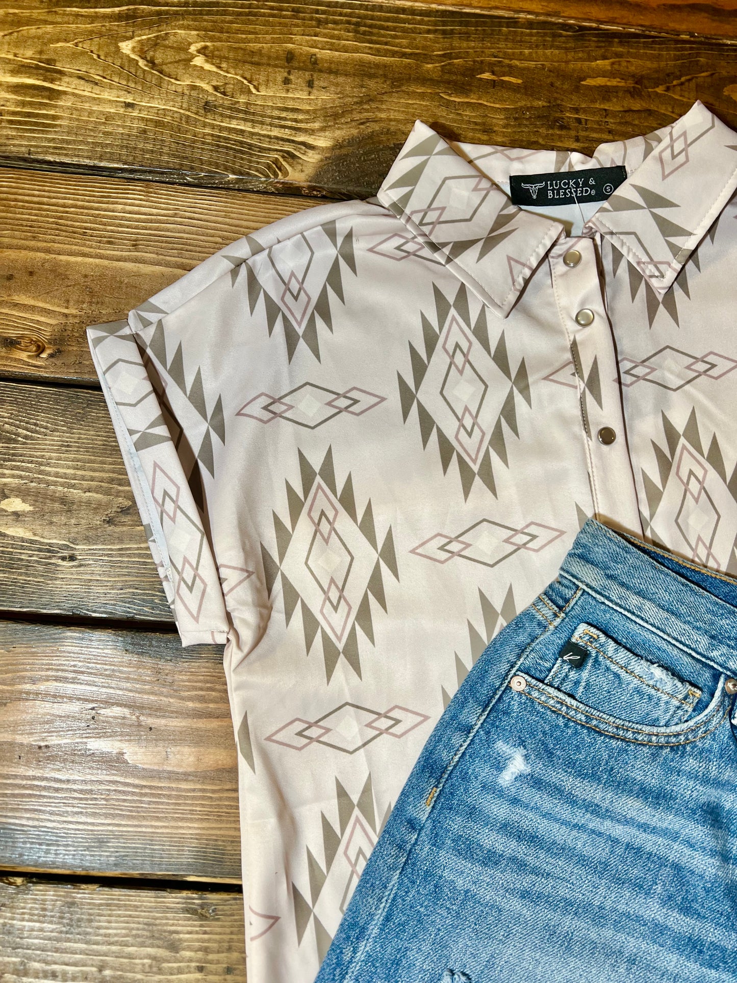 Light Pink Aztec Short Sleeve Collared Blouse